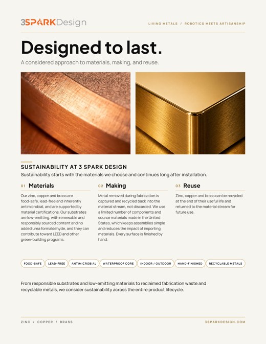 Cover of the 3 Spark Design sustainability handout: Designed to last.