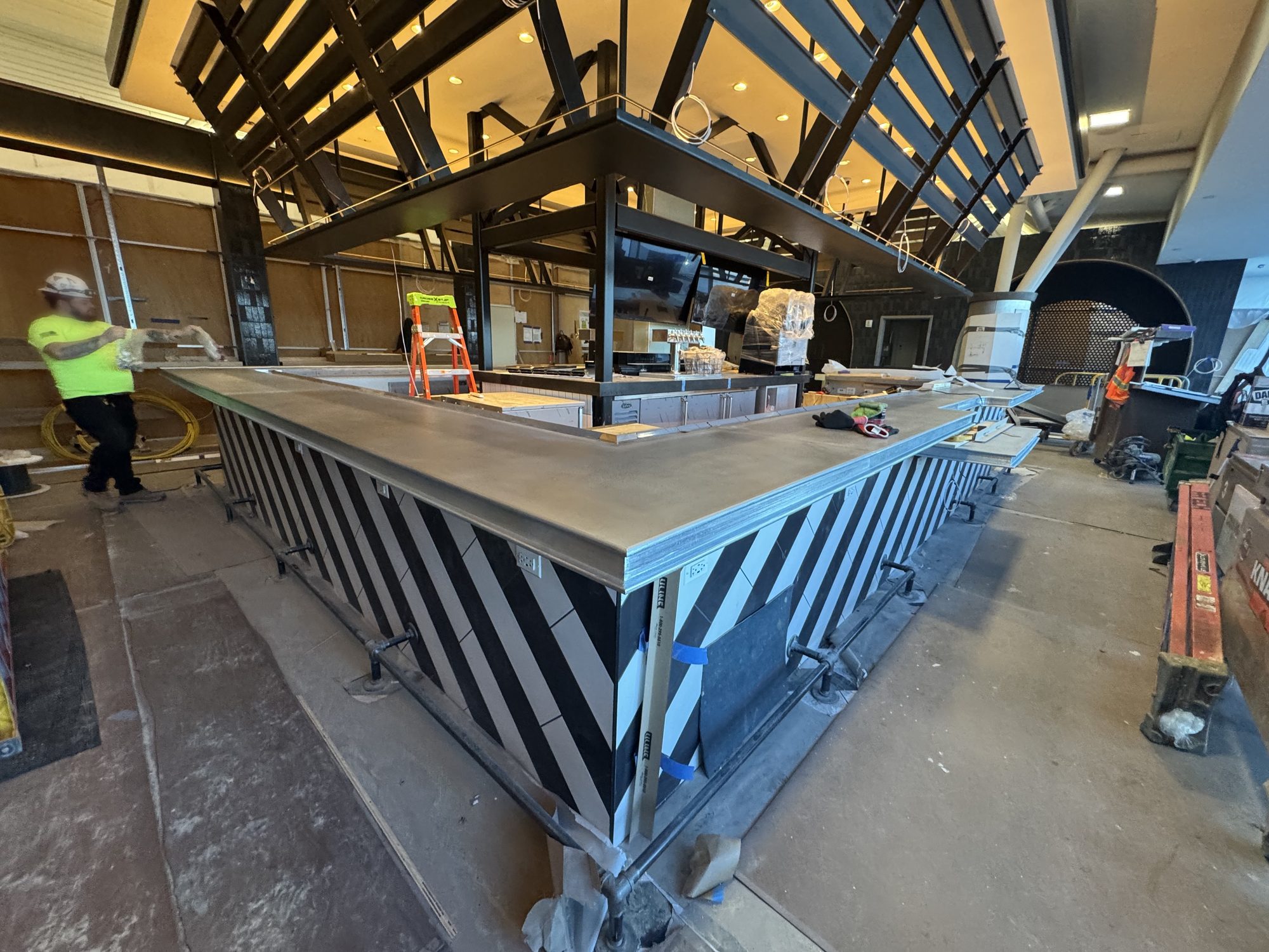Zinc bar tops set in place on site at Black Tap, JFK Terminal 8, New York