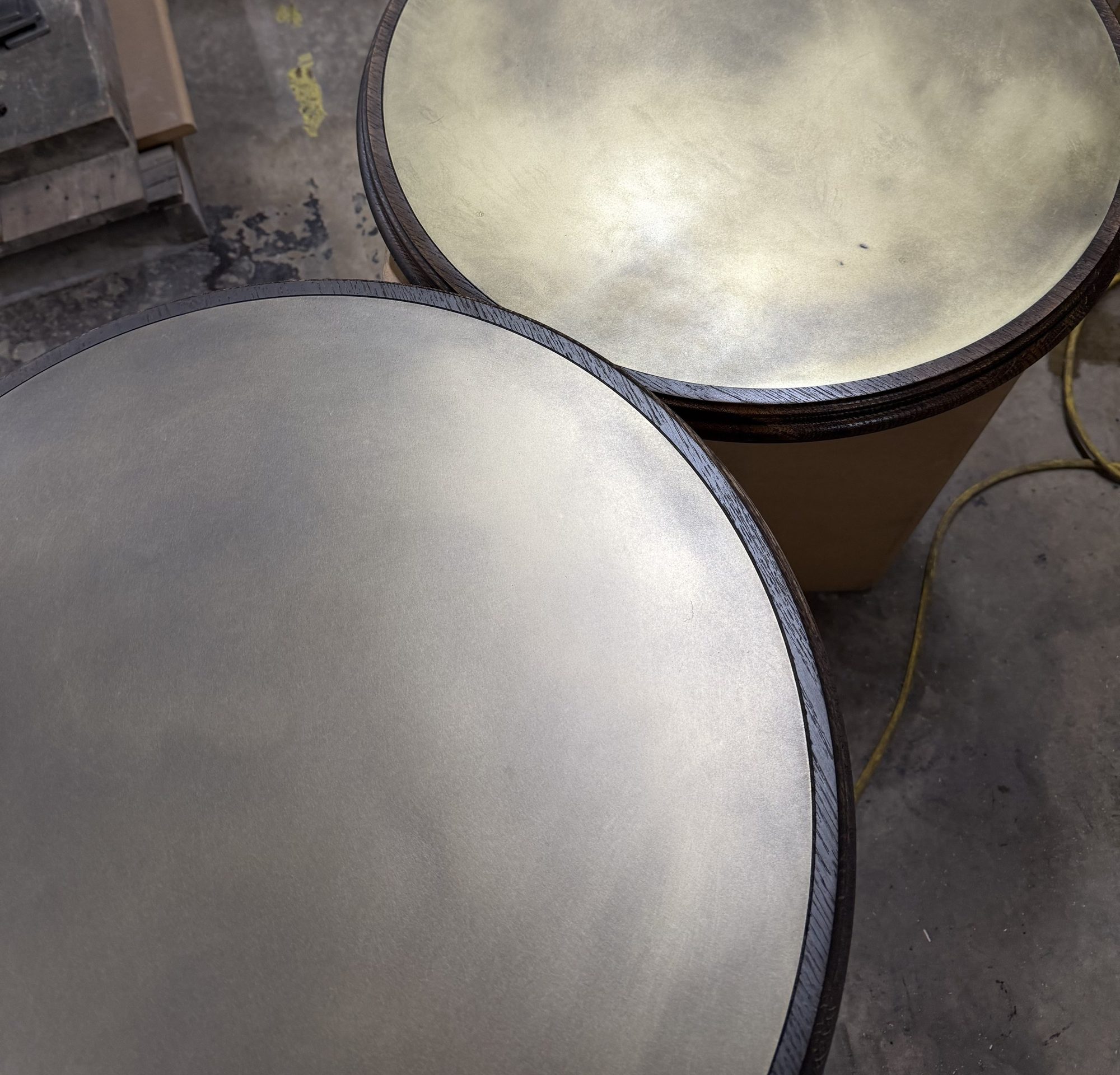 Pair of brass-topped oak tables for Sip & Guzzle, West Village, New York