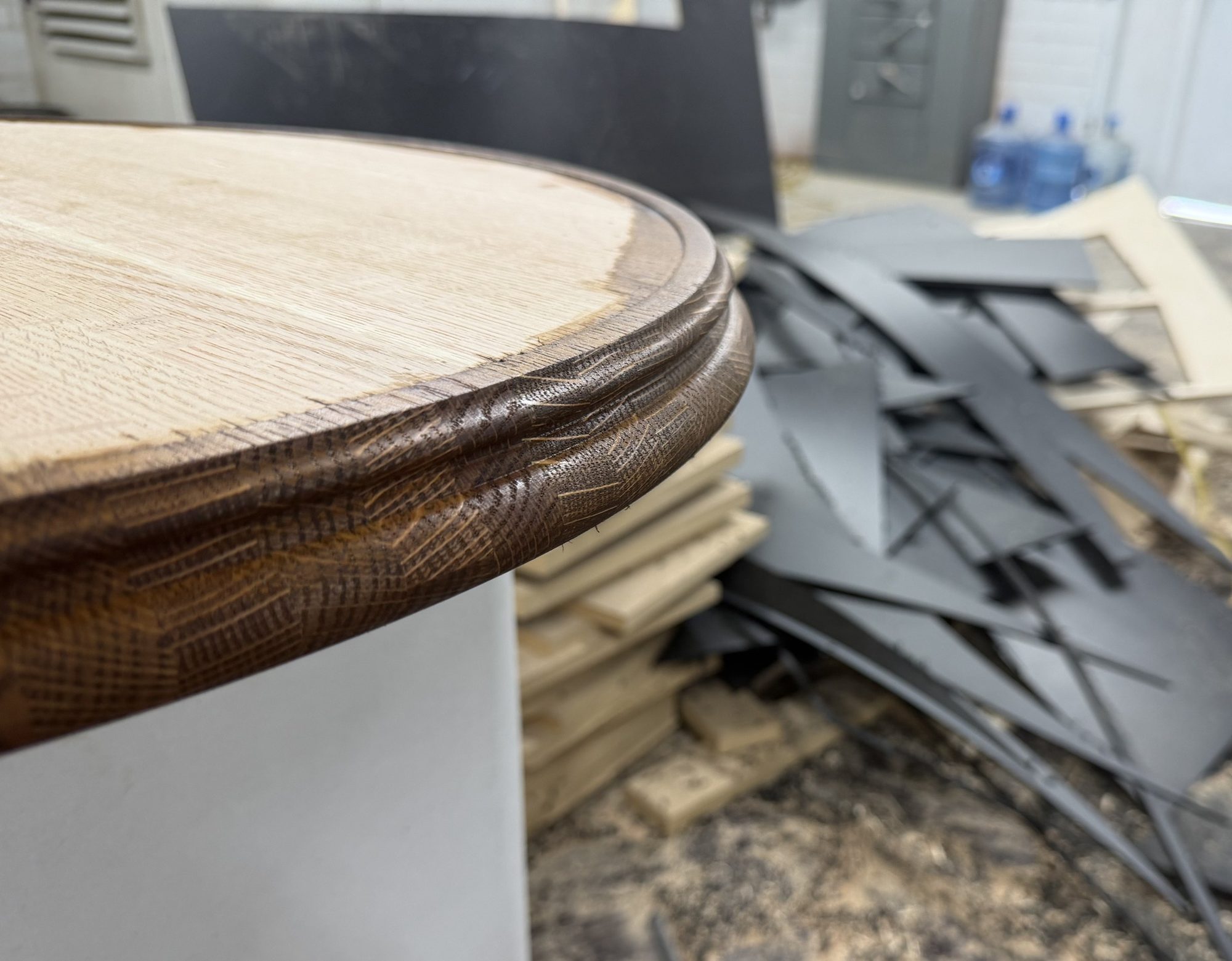 Profiled oak table edge finished dark, for Sip & Guzzle, West Village, New York
