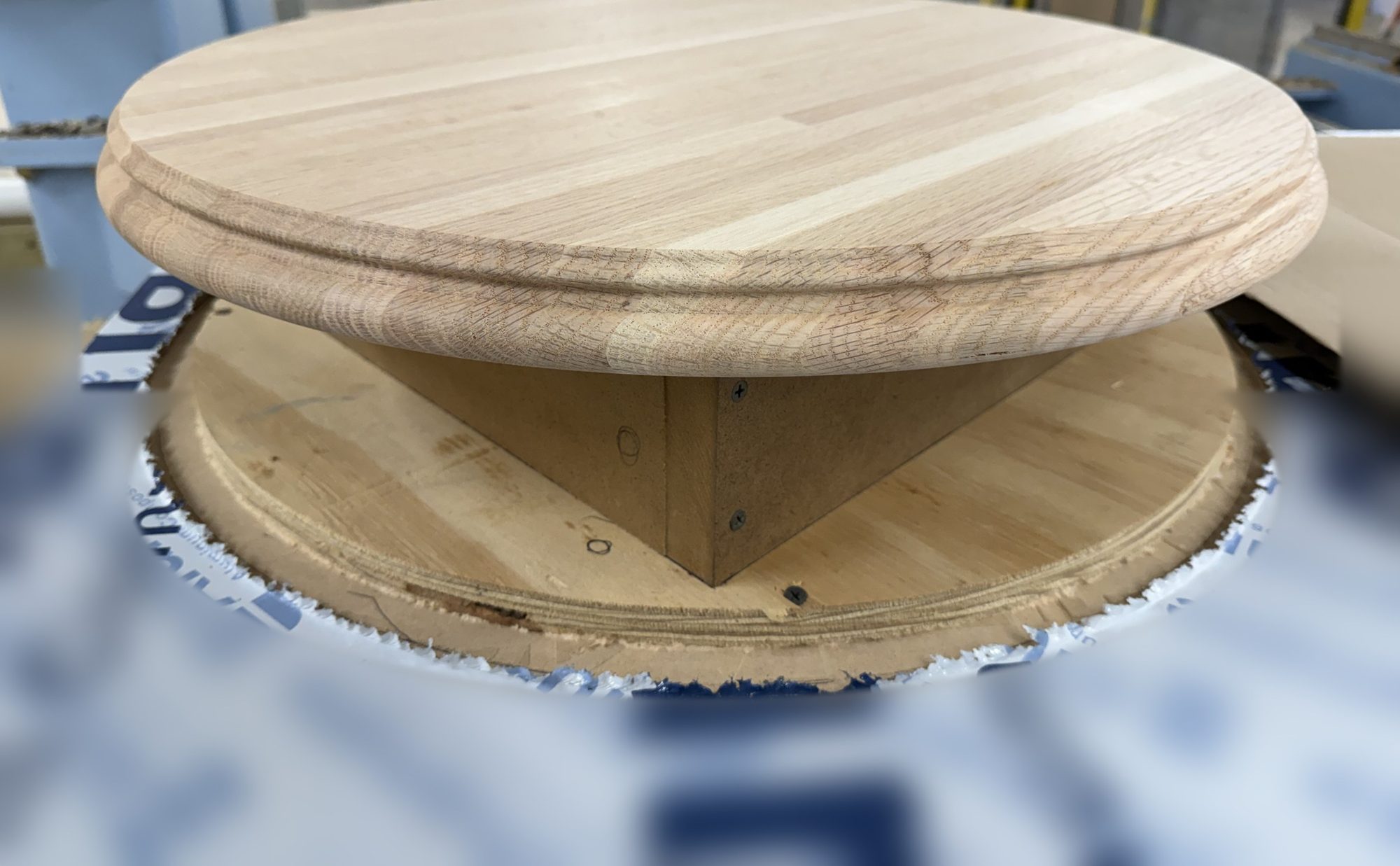 Oak table top with a profiled edge on a CNC fixture, for Sip & Guzzle, West Village, New York