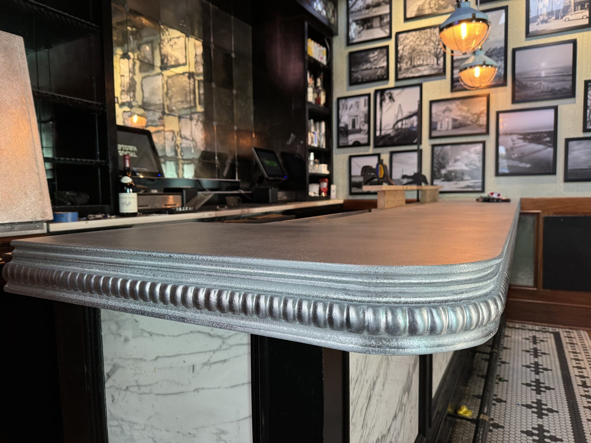Curved corner of the new zinc bar top with pillowed edge, Uptown Social, Charleston