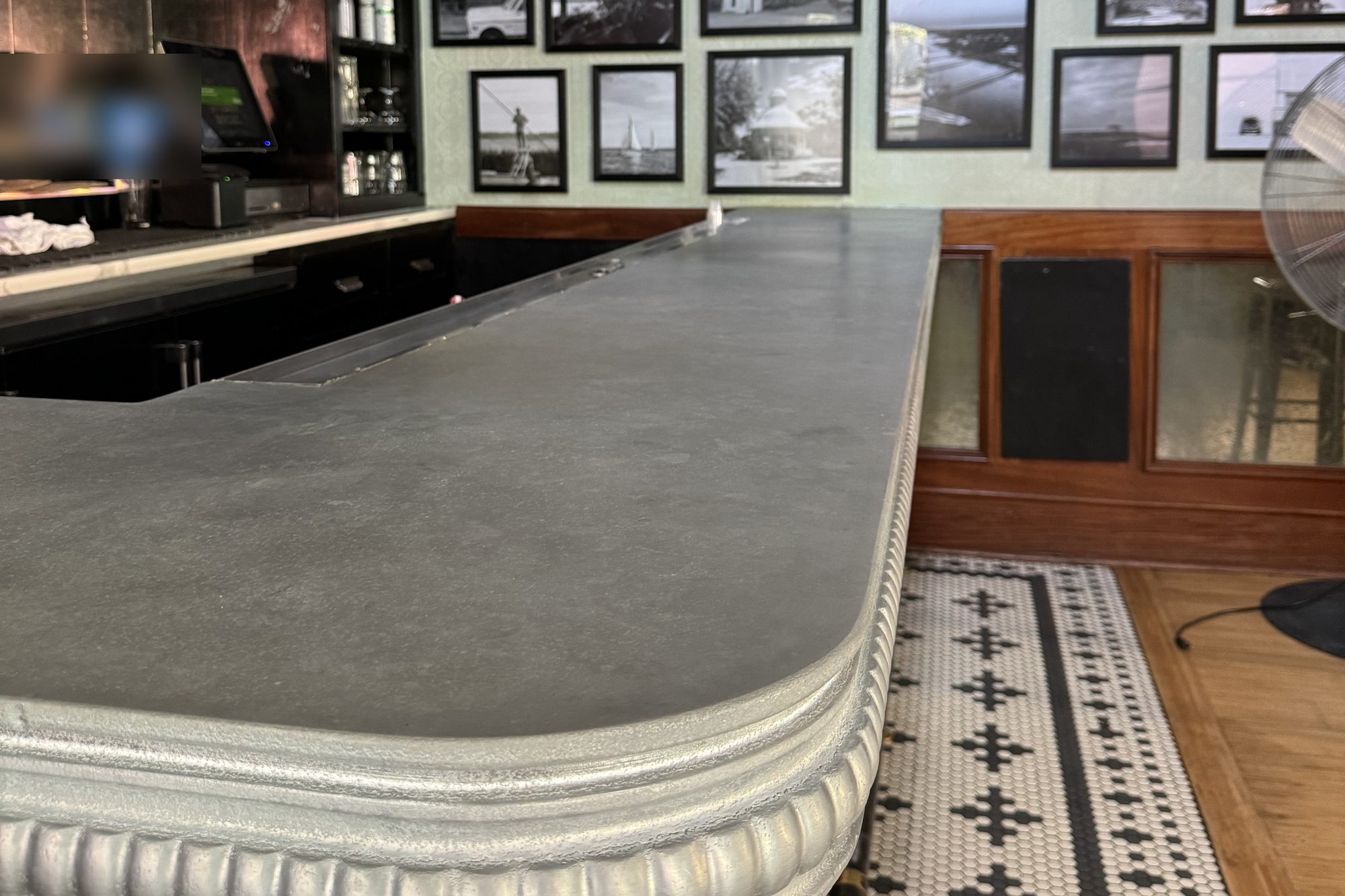 Zinc bar top and drink rail along the service side, Uptown Social, Charleston