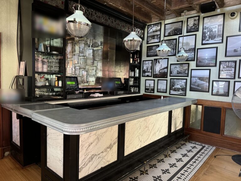 New zinc bar top with a pillowed edge in the Cooper Room at Uptown Social, Charleston