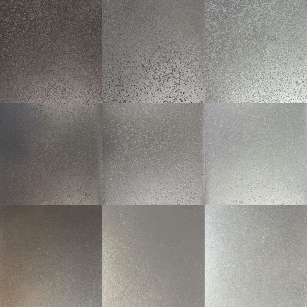 Nine zinc finish samples in a grid, from no texture to medium texture and no patina to medium patina