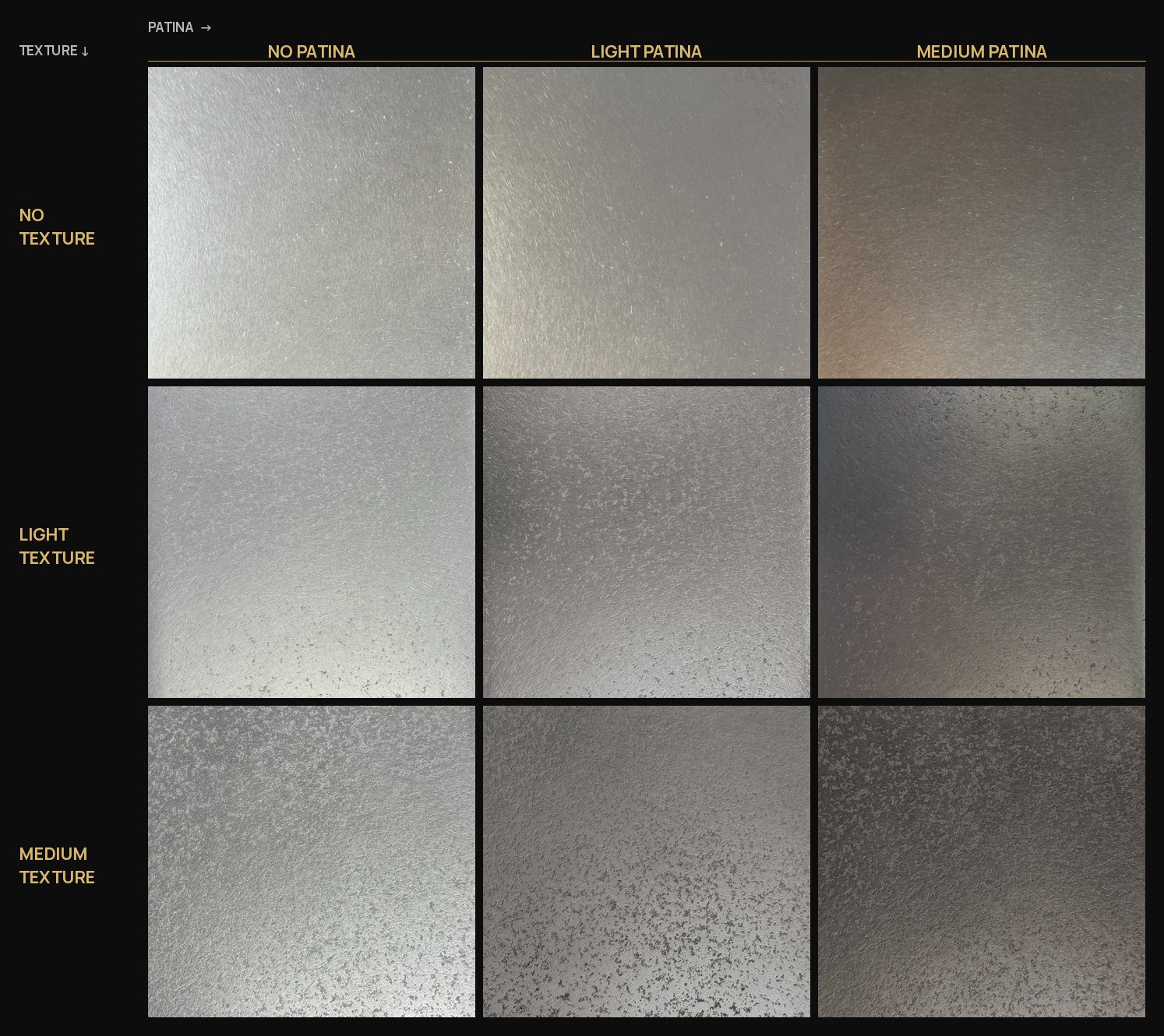 Nine zinc finish samples in a labeled grid, with texture from none to medium down the side and patina from none to medium across the top